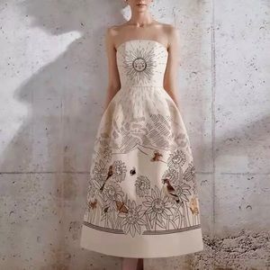 Strapless Cream Midi Dress with Sun & Floral Print